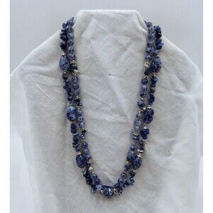 Crystal Sodalite Lapis Lazuli Stone Double Strand Necklace 20 Inch Silver Claw